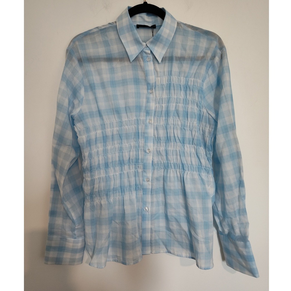 Zara Blue Gingham Smocked Waist Button Down Shirt 3067/024/403 New M